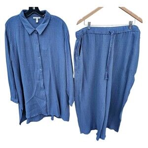 Eileen Fisher 2X Organic Cotton Gauze  2 Piece Set Shirt Pants Lounge Lagenlook